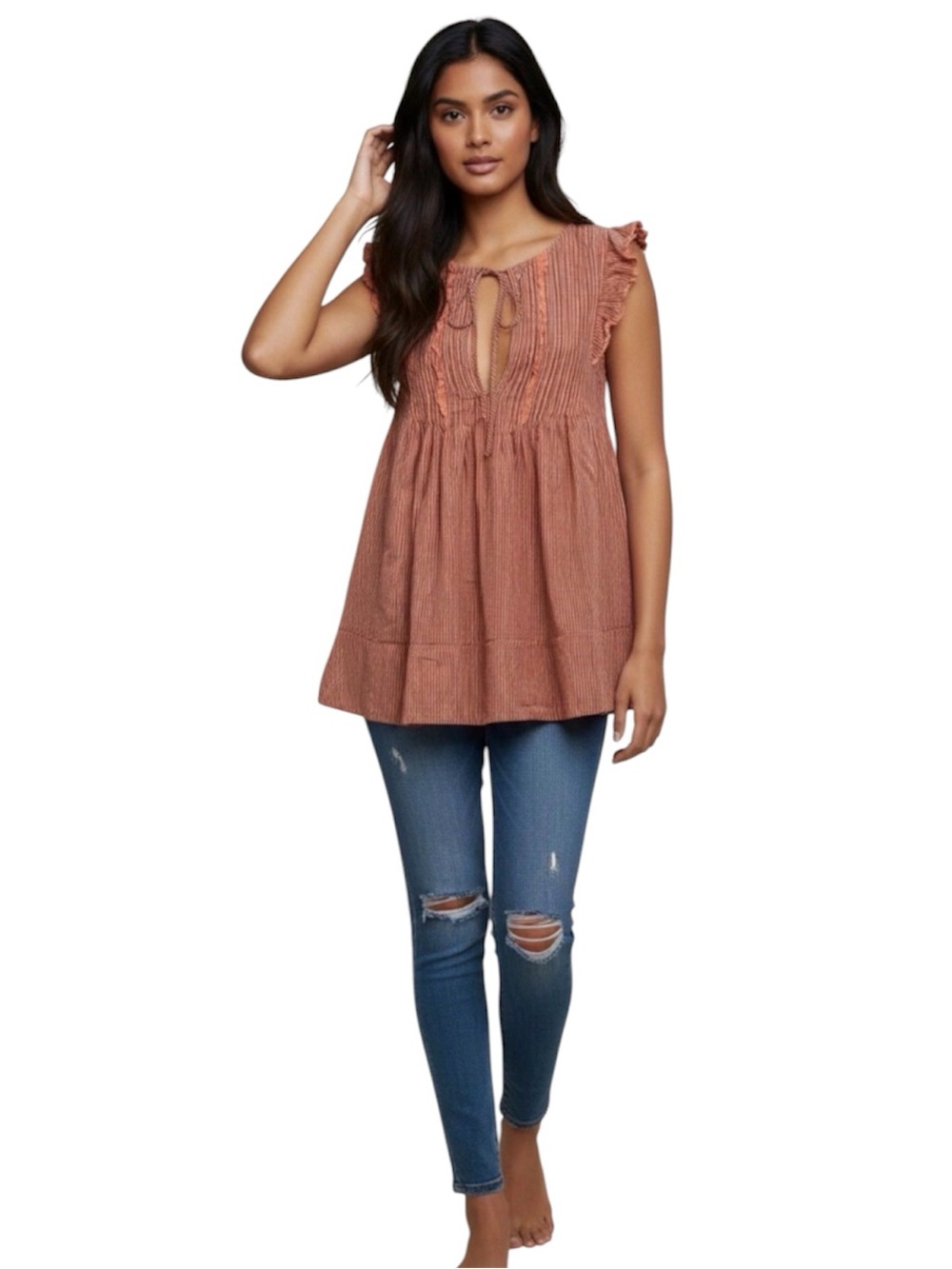 Free People Striped Ruffle Tunic Mini Dress Small New With Tags Orange Mot